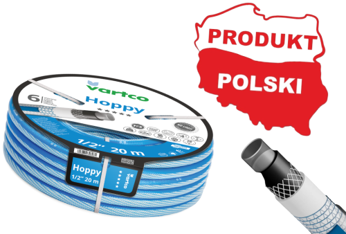 OGRODOWY WĄŻ PCV O PARAMETRACH LEPSZYCH NIŻ GUMOWY. ŚREDNICA WEWNĘTRZNA 19 ,, 3/4". OGRODNICZY WĄŻ HOPPY TO SZEŚĆIO WARSTWOWY PRZEWÓD NOWEJ GENERACJI POLSKIEJ PRODUKCJI FIRMY AGAPLAST. DYSTRYBUCJA ORION GDYNIA. DŁUGOŚĆ - 50 MB